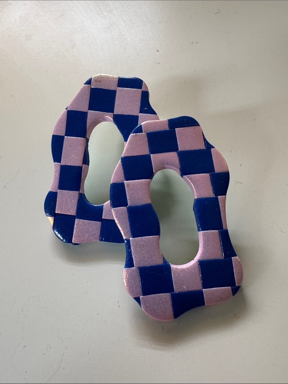 Handmade Pink and Blue Checkerboard Statement Earrings 1.5 inch